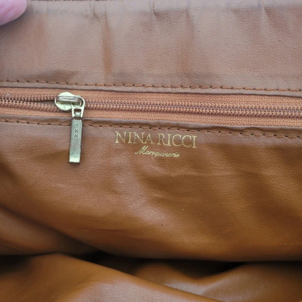 Nina Ricci Vintage‎ Brown Textured Satchel Bag Top Handle Logo Print Handbag